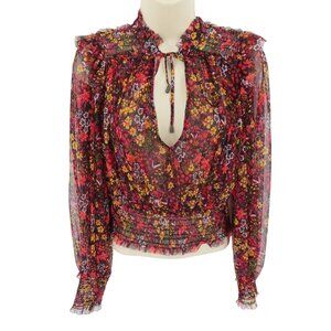 Free People Women Small Twyla Cropped Smocked Floral Flower Sheer Mesh Shirt Top